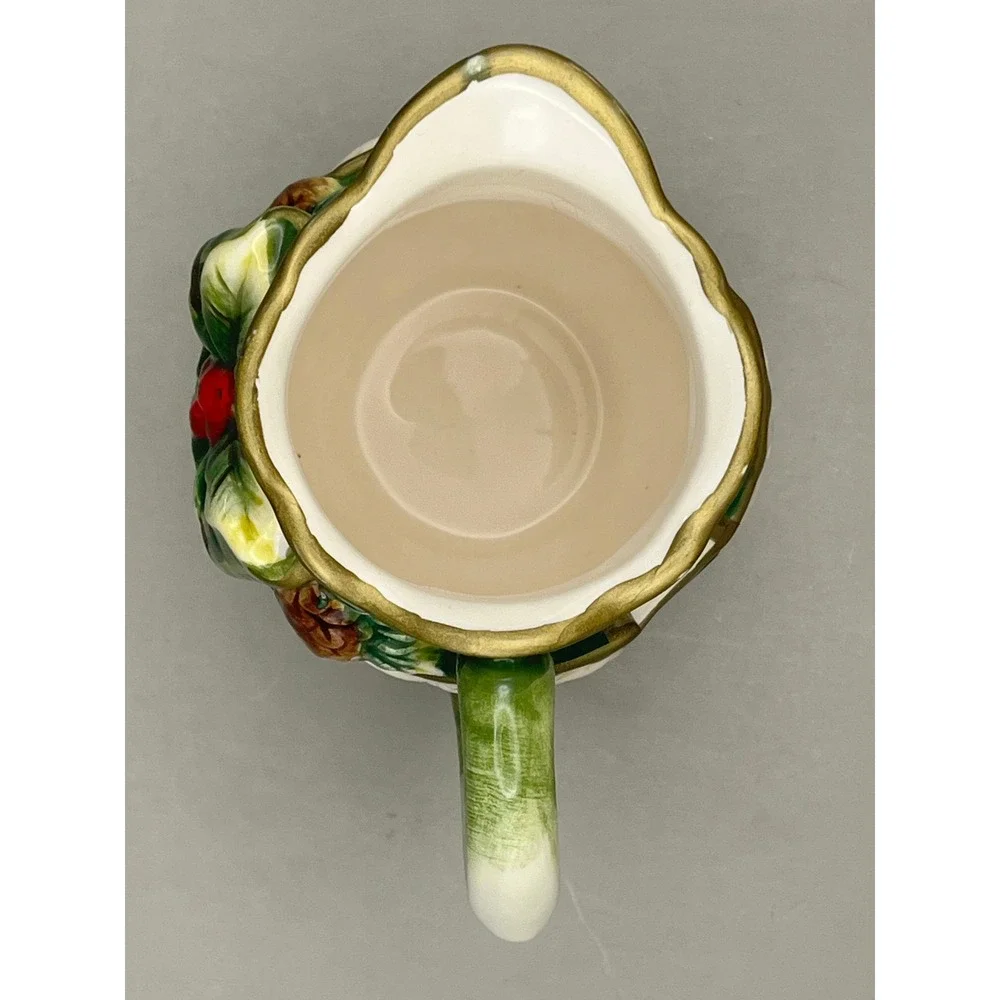 Cosmos Gifts Christmas‎ Holly Berry Pinecone Ceramic Pitcher Gold Trim 3.5